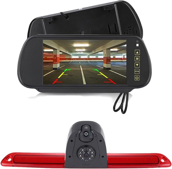 【New Super Dual Lens】 Car Rear View Camera Brake Light Reversing System in 3rd Brake Light Camera, Replacement for Van Mercedes Benz Sprinter W906/ VW Crafter Caravelle 2007-2015 (with 7 inch Mirror)