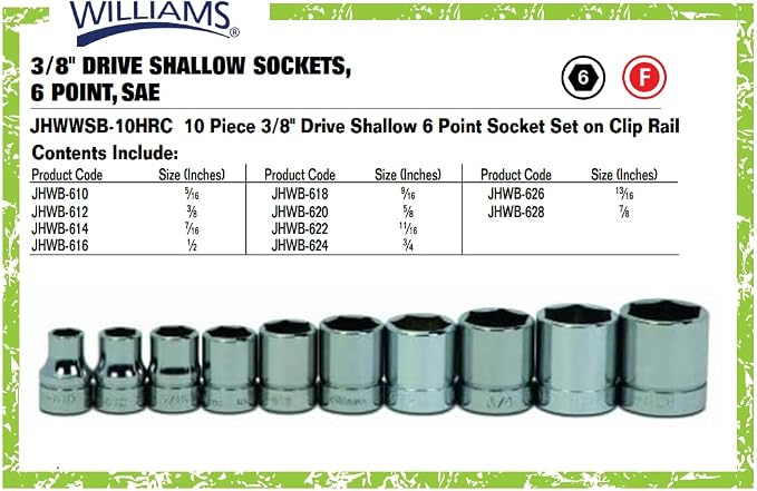 Williams WSB-10HRC 10-Piece 3/8-Inch Drive Shallow 6 Point Socket Set