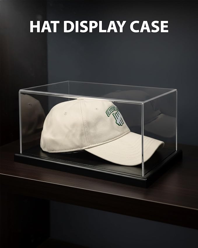 Hat Display Case, Clear One-Piece Acrylic Baseball Cap Showcase with Solid Wood Base & Hat Shaper, UV Protection Memorabilia Display Box for Signed Caps, No Assembly Required (12.5" x 9" x 6.5")