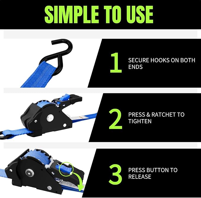 Retractable Ratchet Straps, 4-Pack, 1 Inch x 12 Feet, 1,760lb Break Strength, Self Retracting Tie Down for Truck, Cargo Trailer, Motorcycle, ATV, UTV (Blue, 4pack)