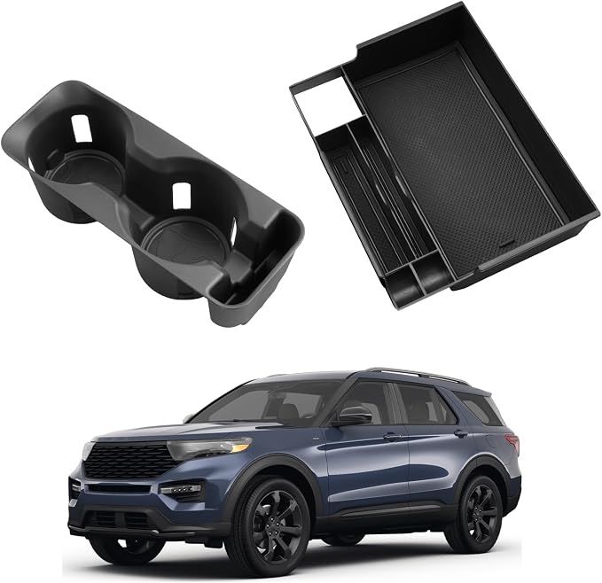 2024 Explorer Center Console Organizer - 2 Pcs Armrest Box Organizer Tray + TPE Center Console Cup Holder Insert for 2020-2024 Ford Explorer Accessories - ABS Organizer & TPE Cup Holder Set
