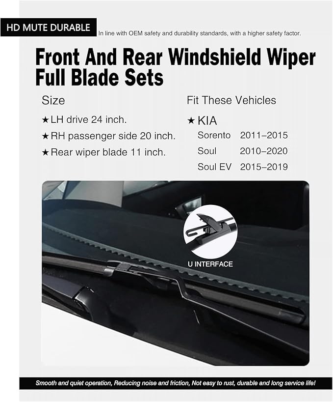 Replacement for Kia Sorento 2011-2015,Soul 2010-2020,Soul EV 2015-2019 Silent Wipers -FAPIUO Front and Rear Windshield Wipers 24"/20"+11 Full Blade Set (3 Pack)