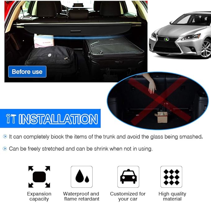 Powerty Retractable Cargo Cover for 2011-2017 Lexus CT200h, Canvas Texture Trunk Cover Privacy Screen Rear Security Shade for CT200h Accessories