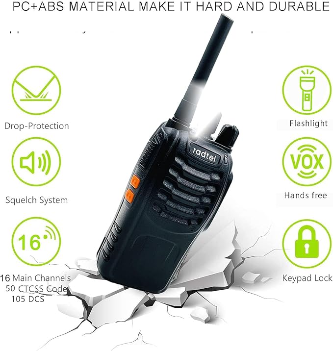 Radtel RT88 Rechargeable Walkie Talkies Long Range Handheld License-Free Two Way Radio 16CH Handsfree USB Charging LED Flashlight (4 Pack)