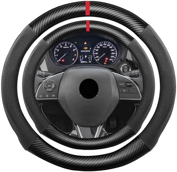Suede Carbon Fiber Steering Wheel Cover, Compatible with Mitsubishi Mirage Mirage G4 Outlander Eclipse Cross 15 inch Soft SuedeTouch Leather Sport Non-Slip Automotive Interior Accessories