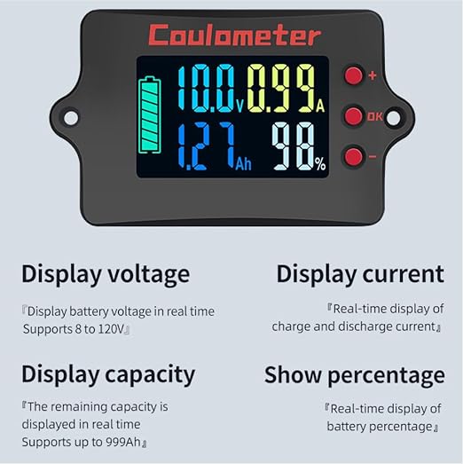 RQG Coulometer,Shunt Monitor,Battery Monitor with Shunt,High Precised DC 8-120V 400A LCD Digital Multimeter Battery Monitor Voltage Current Capacity Indicator,Easy to Read,with USB Power Cable+Shunt
