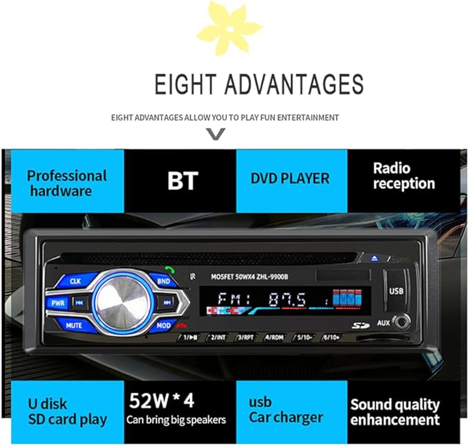 1 Din 12V Car Radio, VCD DVD CD Player Vehicle MP3 Stereo Player, Audio Stereo Receiver Support Bluetooth/FM/SD/USB/AUX/U Disk