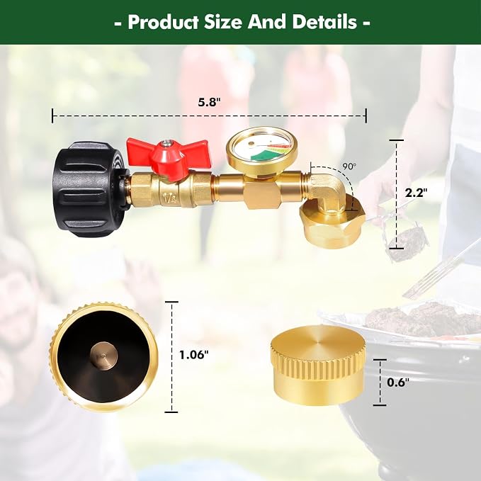Propane Refill Adapter for 1lb. Tanks, Propane Refill Adapter for Refillable Propane Cylinder 1 lb, Propane Adapter 20lb to 1lb Converter, 90 Degree Elbow Design, with 4 Brass Caps