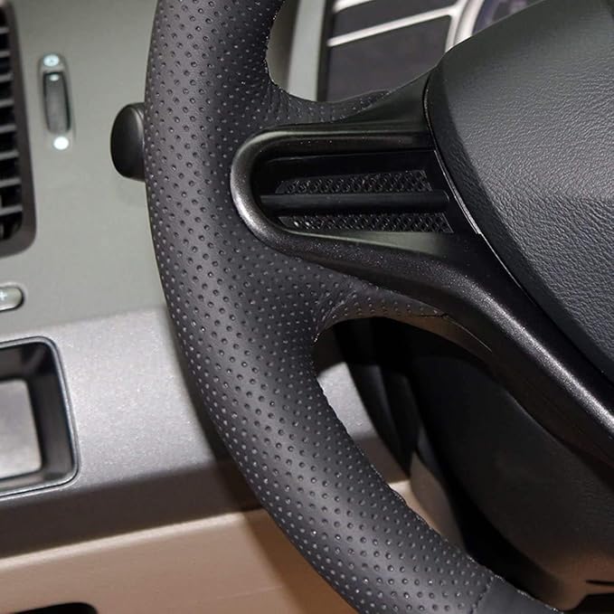 Loncky Black Genuine Leather Carbon Fiber Steering Wheel Cover for Honda Civic 8 2006 2007 2008 2009 2010 2011 Car Custom Fit Hand Stitched OEM DIY Suede Car Interior Parts Accessories