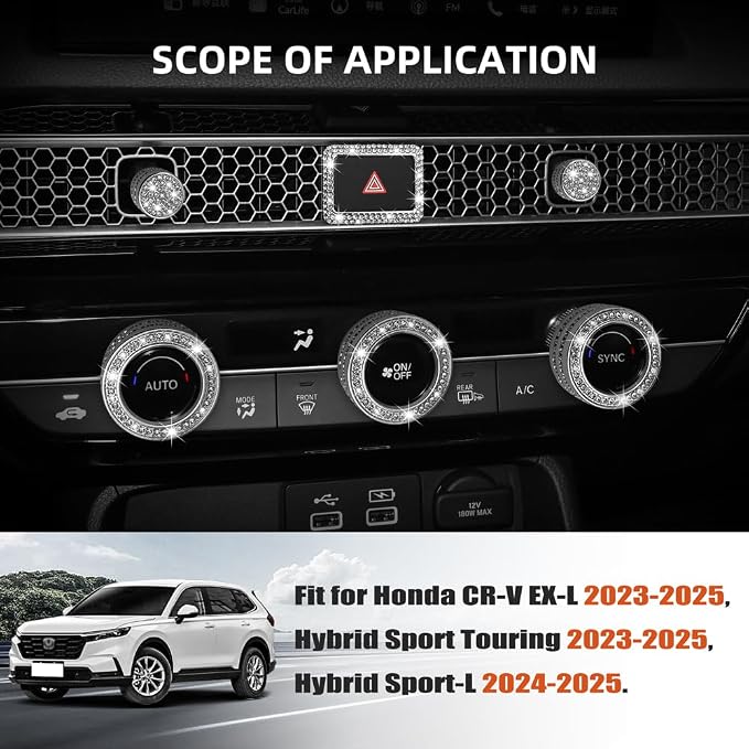 for Honda CRV CR-V EX-L EXL Hybrid Sport Touring Sport-L Bling Cute Accessories Accessory 2025 2024 2023, AC Volume Knobs, Air Vent Outlet, Gear Shift Cover, Start Ring Covers, Chrome, Silver, 13pcs