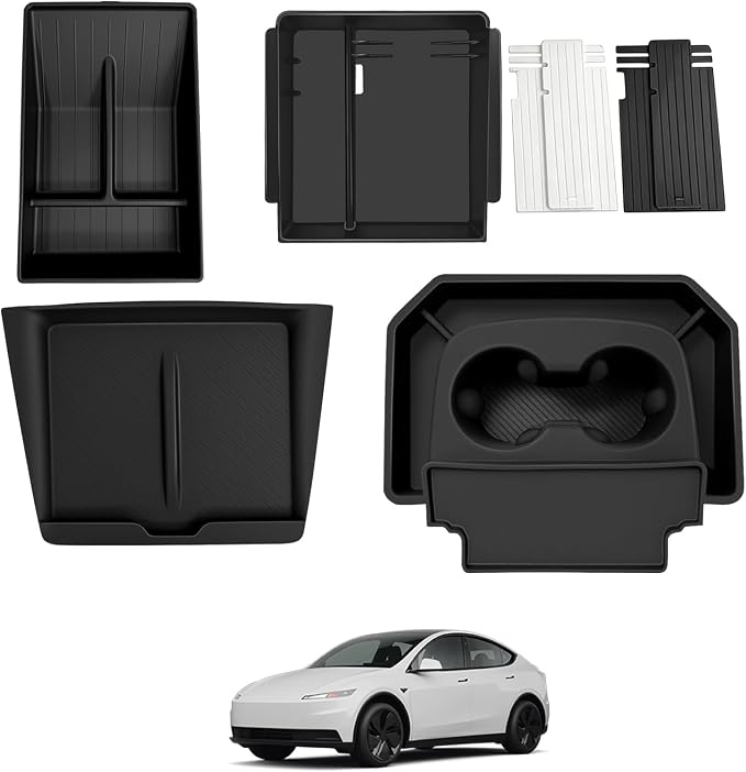 BestEvMod 4PCS Center Console Organizer Compatible with 2026 2025 Tesla Model Y Juniper | Standard Version | Accessories Armrest Storage Tray Cup Holder Wireless Charging Pad (TPE Bottom Tray)