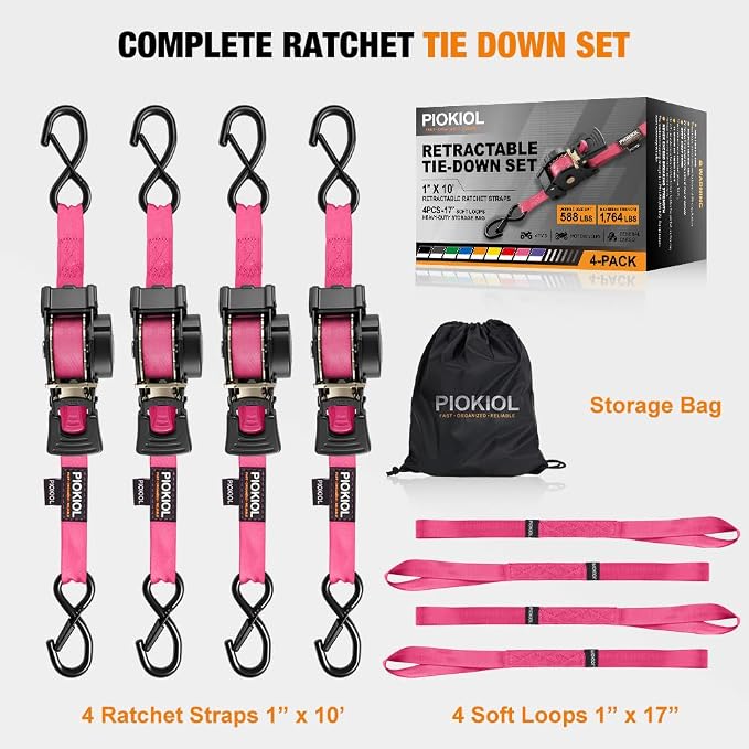 Retractable Ratchet Straps (4-Pack) - 1 Inch x 10 Feet (1,764lb Break Strength) - Heavy Duty Auto Self Retracting Tie Down Straps for Truck, Cargo Trailer, Motorcycle, ATV, UTV – Pink