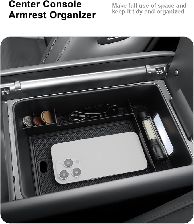ECOZEN 2026 Santa Fe Center Console Organizer - 2 Pcs Armrest Box Storage Tray + Lower Center Console Tray With Extra Two Cup Holders For 2024-2026 Hyundai Santa Fe/Hybrid Interior Accessories