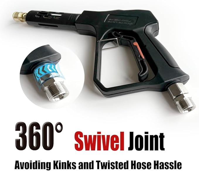 Swivel Pressure Washer Short Gun,Sturdy 5000PSI Power Washer Handle with Replacement Extand Wand Carwash Water Spray Washing Gun and 3/8 Plug & M22-14mm & M22-15mm and 1/4 Adapter 5 nozzles