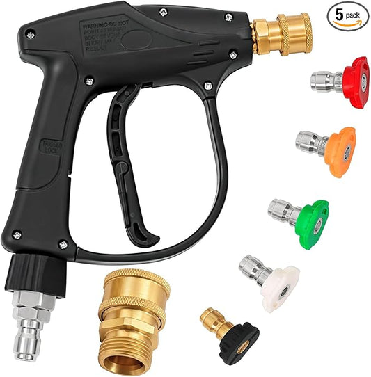 Short Pressure Washer Gun 4000 PSI with Swivel Quick Connect, 5 Nozzle Tips, 3/8" Inlet & M22-14mm Adapter, Foam Cannon Compatible for Gas Pressure Washer, Car Wash, Driveway, Patio