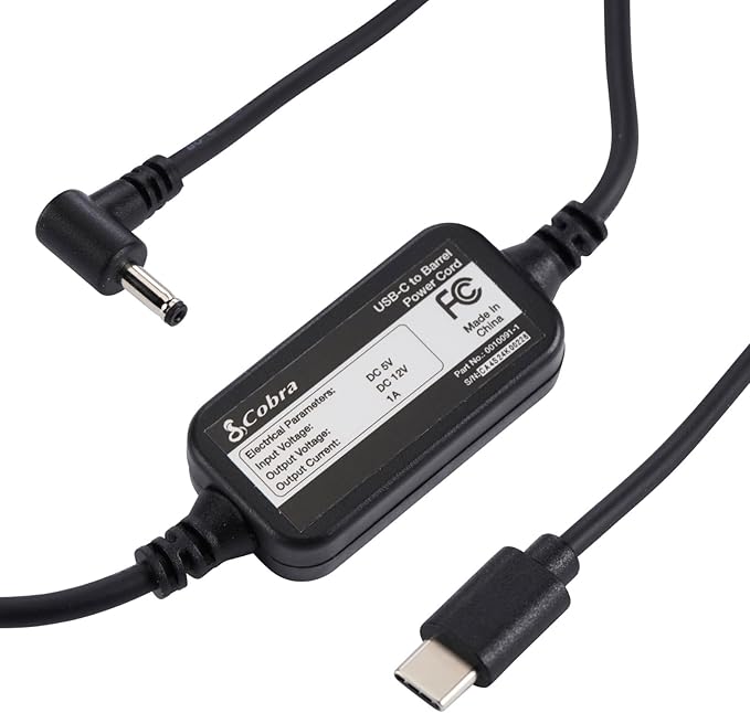 USB-C to Barrel Connector Radar Detector Power Cable for Cobra Radar Detectors, Compatible with Cobra RAD350 380 450 480i 700i and Suitable for Radar Detector Windshield Mount