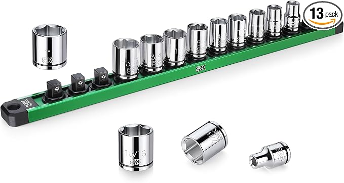 SK 3/8" Drive Socket Set, SAE Sockets, 13-Piece, 1/4" to 1", SuperKrome Finish, Premium CR-V Construction, with Aluminum Socket Organizer