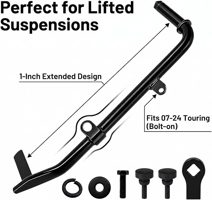 Extended Anti-Tip Kickstand with Rubber Bumper for Harley Touring 2007-2024, +1” Longer Heavy Duty Jiffy Stand for Road Glide Street Glide Road King Electra Glide CVO, Wide Base Gloss Black