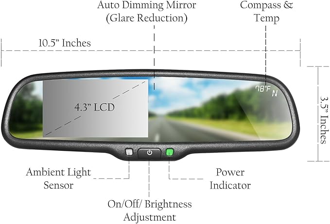 Master Tailgaters 10.5" OEM Rear View Mirror with 4.3" LCD Screen + Dimming + Compass & Temperature | Rearview Universal Fit | Auto Adjusting Brightness LCD | Anti Glare | Original Mirror Replacement