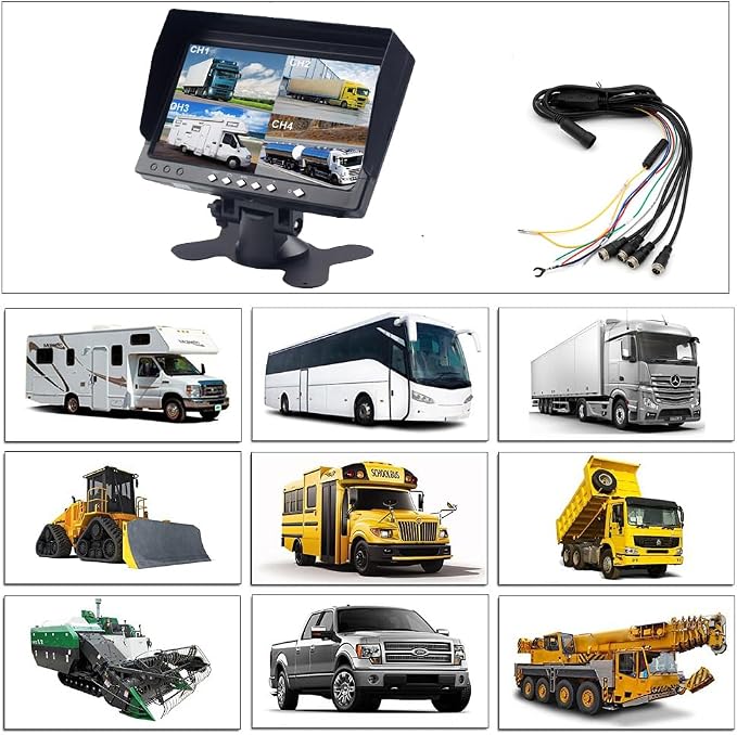 7-inches IPS Monitor 4ch Car Rear View Quad Split,Remote Control, 4-PIN Aviation Connect Video Inputs - 12V-24V 800X480HD for Truck RV Bus Car Vehicle Reversing Backup Rearview Cameras Monitor