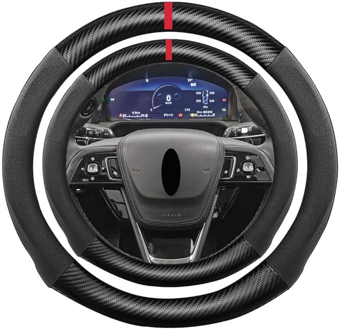 Suede Carbon Fiber Steering Wheel Cover, Compatible with Lincoln Aviator Corsair Nautilus 15 inch Soft Suede Touch Leather Sport Non-Slip Automotive Interior Accessories