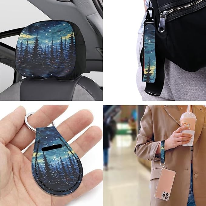 Starry Night Forest Hand Drawing 13 Pcs Car Seat Covers Full Set Steering Wheel Cover Starry Sky Art Painting Back Headrest Cover Coaster Keychains for Trucks Sedan SUV