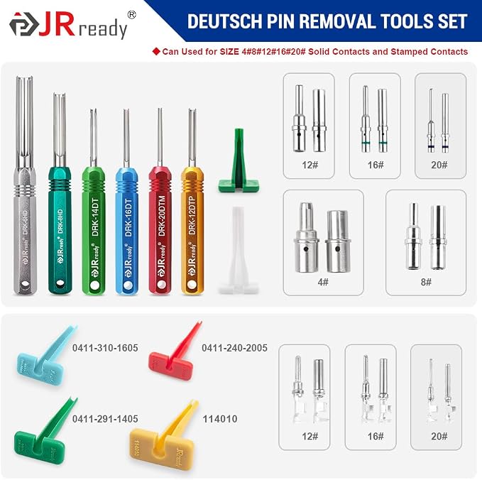 JRready ST5257-PRO Deutsch Connector Tool Kit for 4#8#16#12#20# Solid/Stamped Contacts 6-22 AWG + ST6258 DT Connector Solid Contacts Kit Size 16 Terminal KIT 30 PCS Male Pins and 30PCS Female Sockets