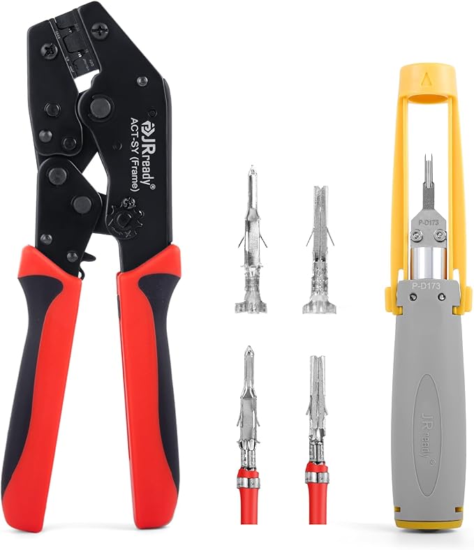 JRready ST6545 Mini-Fit Jr. Ratchet Crimper Pin Extractor Tool Kit with 100Pairs Terminals 18-24AWG Electrical Automotive Wire Pin and Socket Standard Molex 4.2mm Pitch