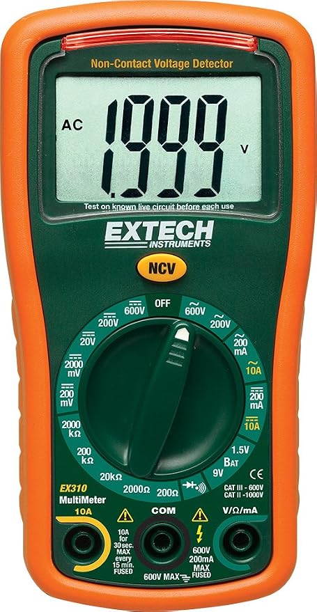 Extech EX310 Mini Digital Multimeter with NCV Detector - 2000-Count Large LCD, 0.5% Basic Accuracy, AC/DC Voltage & Current, Resistance, Diode/Continuity, Compact Manual Ranging Multimeter | AC/DC voltage and current to 10A, resistance, diode, continui...