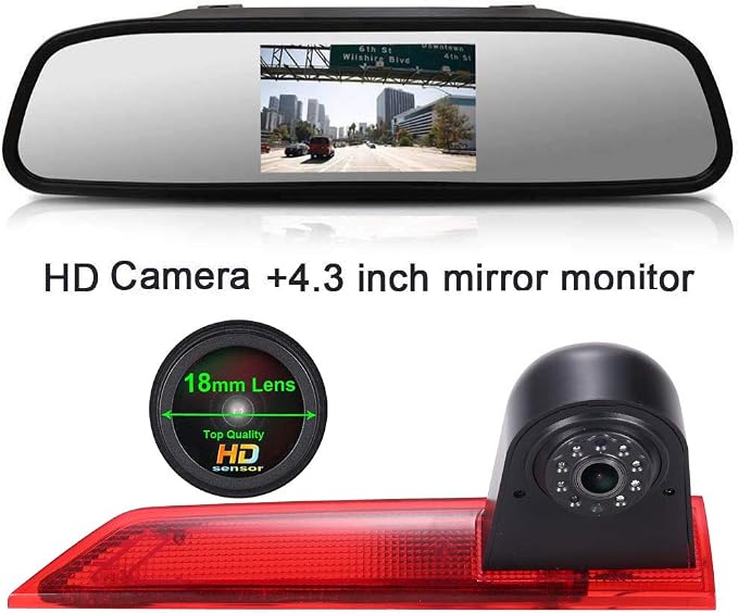 1280 * 720 Pixel Third Roof Brake Lamp Car Backup Camera Replacement for Ford Transit Custom 2012-2016 Dritte 3 Reverse Parking Camera Waterproof Night Vision+4.3" Reverse Mirror