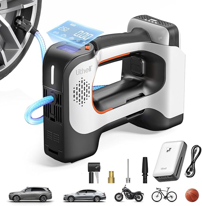Litheli Cordless Air Compressor, 20V Portable Air Compressor, Cordless Tire Pump for Car, Bike, Sport Ball, Battery Tire Inflator, 3 Nozzle Adapters, 150 PSI, with 2.0 Ah U-Battery