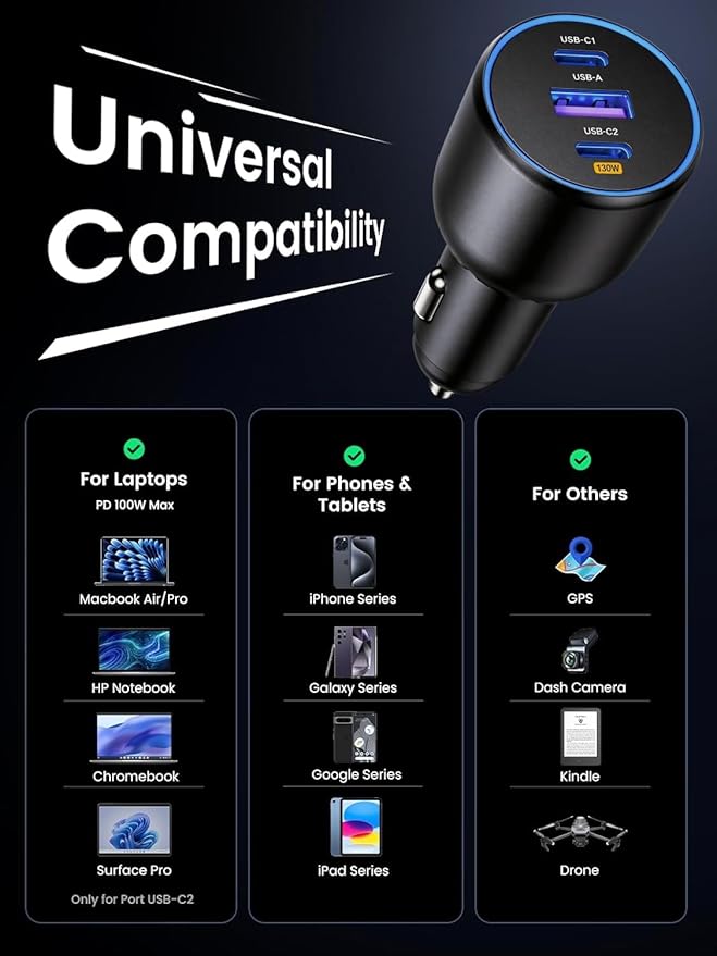 USB C Car Charger, 3-Port 130W Dual USB-C & USB-A Car Charger Adapter PD/QC Super Fast Charging Cigarette Lighter USB Charger Multi Port Car Phone Accessories Charger for iPhone 17, MacBook, Android