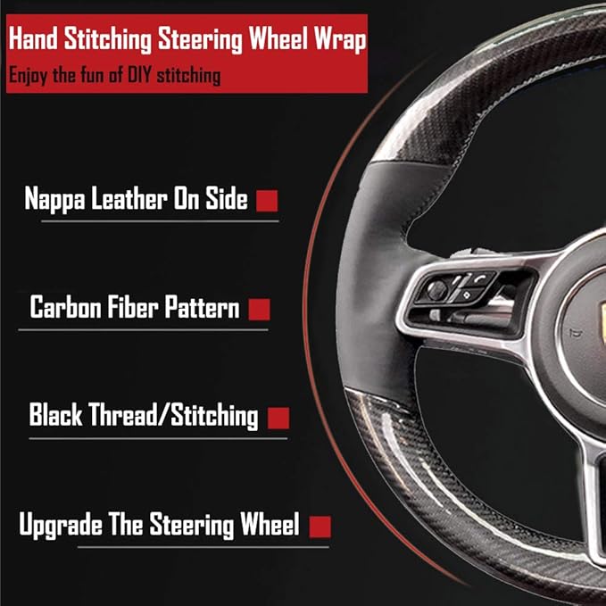 Black Nappa Leather & Carbon Fiber Auto Interior Accessory Steering Wheel Protector Cover Hand-Stitch on Wrap Fit for Porsche Panamera Macan Cayenne 911 996 997 959 Cayman Boxster