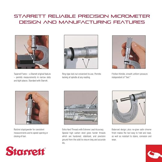 Starrett Outside Micrometer with One-Piece Spindle, Satin Chrome Finish and Advanced Sleeve Design - Quick and Easy Adjustment, 4-5" Range, .0001" Graduation - T436.1XFL-5