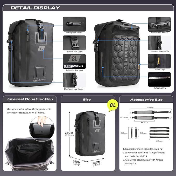Rhinowalk Motorcycle Tail Bag Motorbike Side Bag 8L Full Waterproof Motor Saddle Pannier Bag Rear Rack Trunk Professional Motor Accessories-Black