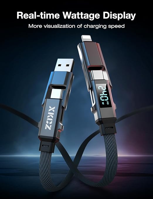 XKCZ 4 in 1 USB C Cable Lightning Cable with Wattage Display, 240W Flat Nylon Braided Multi Charge Cable with Data Sync, USBC to Lightning Cable, Charging Cord Combo Type C/USB A/L Port, 3FT