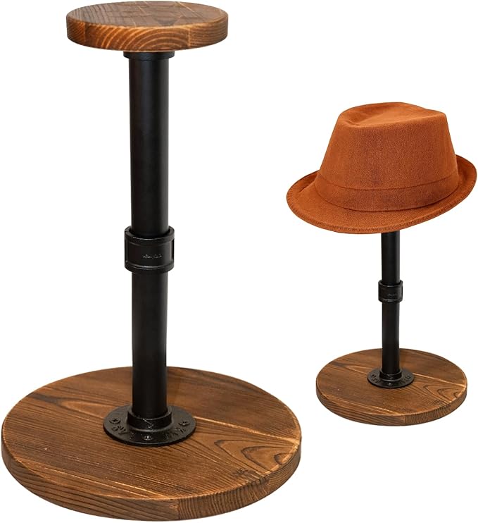 exquis Adjustable Helmet & Hat Display Stand – Rustic Wood Base with Matte Black Metal Rod, Height Adjustable 12"–17.5", Set of 1