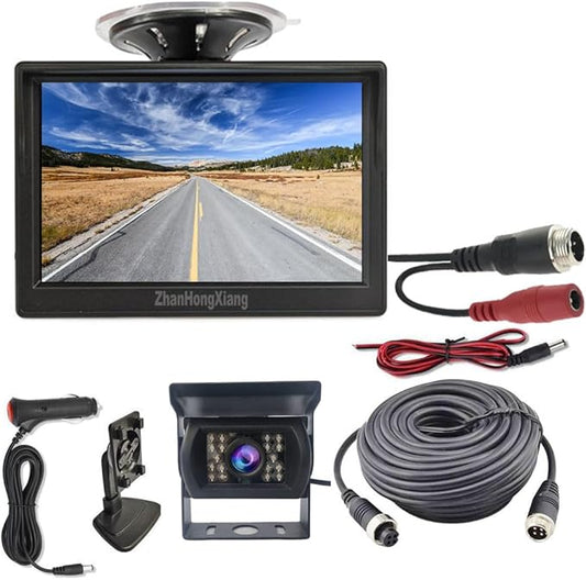 AHD 1080P Car Backup Camera System,5" LCD IPS Screen Monitor + 4 Pin 18LED Night Vision Waterproof Reverse Rear View Mirror Camera 33ft Cable for RV Bus Truck Trailer Camper 12V-24V