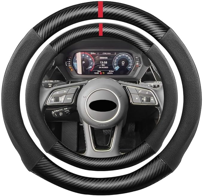 Suede Carbon Fiber Steering Wheel Cover, Compatible with Audi A3 A4 A5 A6 A8 R8 RS7 S3 S5 S6 S8 SQ5 TT Q7 15 inch Soft Suede Touch Leather Sport Non-Slip Automotive Interior Accessories