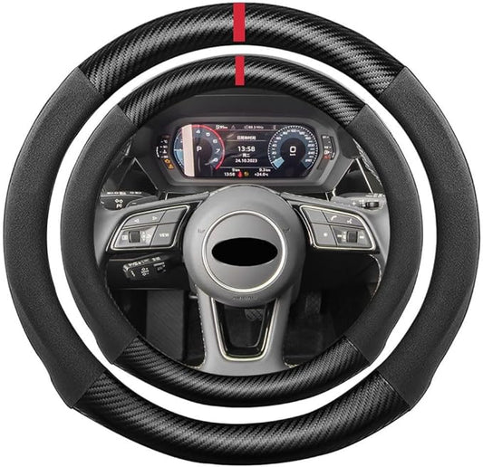 Suede Carbon Fiber Steering Wheel Cover, Compatible with Audi A3 A4 A5 A6 A8 R8 RS7 S3 S5 S6 S8 SQ5 TT Q7 15 inch Soft Suede Touch Leather Sport Non-Slip Automotive Interior Accessories