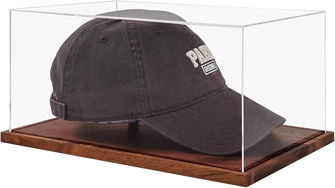 LITY Hat Display Case, No Assembly Required Clear Acrylic Baseball Cap Stand, UV Protection Signed Hat Transparent Showcase, Cap Display Box with Solid Wood Base Risers & Hat Shaper
