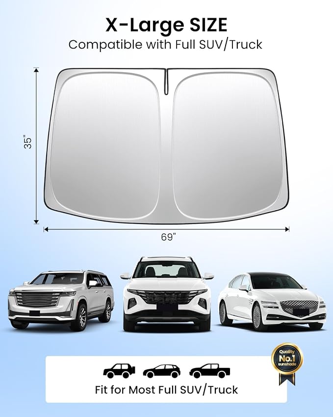 REEVAA 2026 3rd Pro Windshield Sunshade for Full SUV/Truck | XL (69 × 35 Inches) | Dual-Layer Heat & Sun Defense, OEM Design | Foldable Sun Shade Car Accessories with Storage Bag