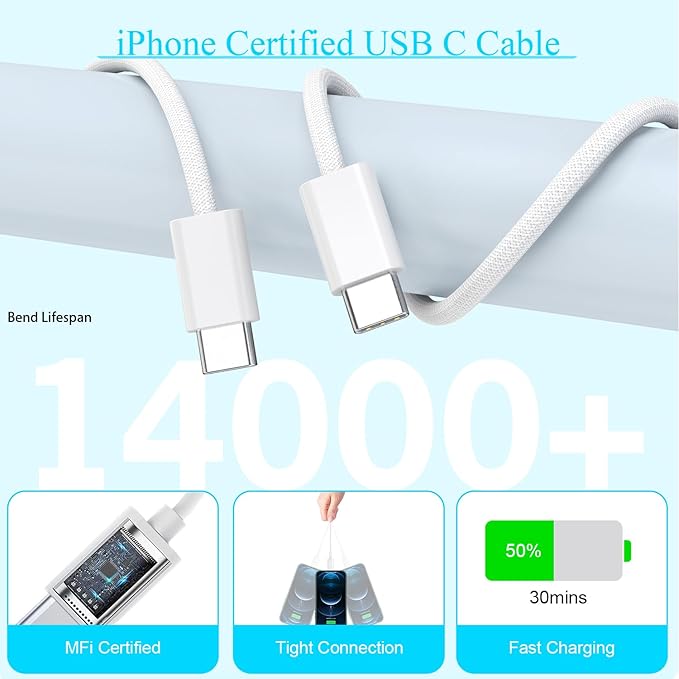 10FT Apple iPhone 17 16 15 Charger, 2-Pack Extra Long 10Foot USB C to Type C Charging Woven Cable Cord 20W USB C Charger Block Cube Super Quick Charging for iPhone 17 16 15 Pro/Plus/ProMax,iPadPro/Air