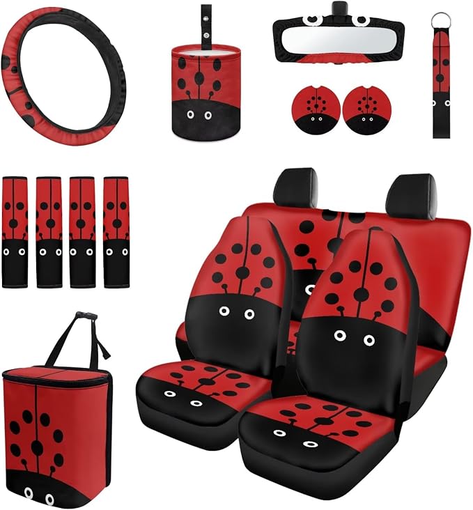 Ladybug Car Seat Covers Full Set for Women Cute Car Accessories Interior Car Steering Wheel Cover Seatbelt Covers Trash Bin Rear View Mirror Cover Cup Holders Keychain