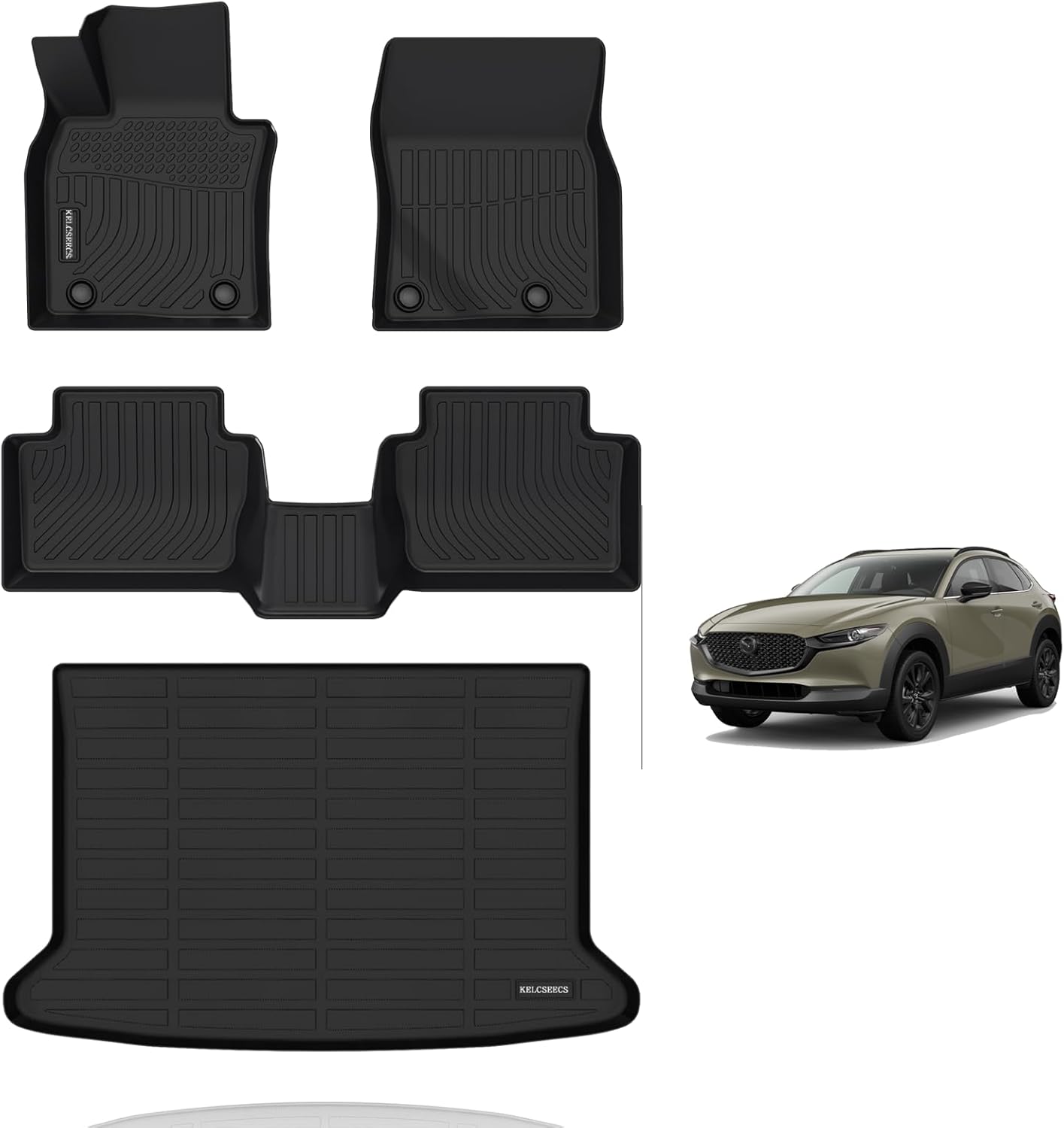 KELCSEECS® Floor Mats & Cargo Liner Custom for 2025 2024 2023 2022 2021 2020 Mazda CX-30 (Only FWD) All Weather Protection Waterproof TPE Floor Liners Front & Rear Row Full Set Accessories Black