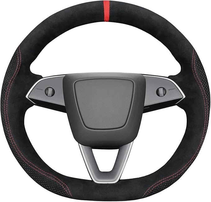 MEWANT Hand Stitch Black 9040 Athsuede Steering Wheel Cover Wrap for Tesla Model 3 Highland 2024 Model Juniper 2024