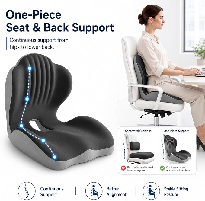 Seat Cushion With Lumbar Support, Extra Thick High Density Ergonomic Seat Cushion For Office Chair And Car Seat, Non-Flattening Memory Foam With Tailbone Pressure Relief And Back Support (Dark Grey)