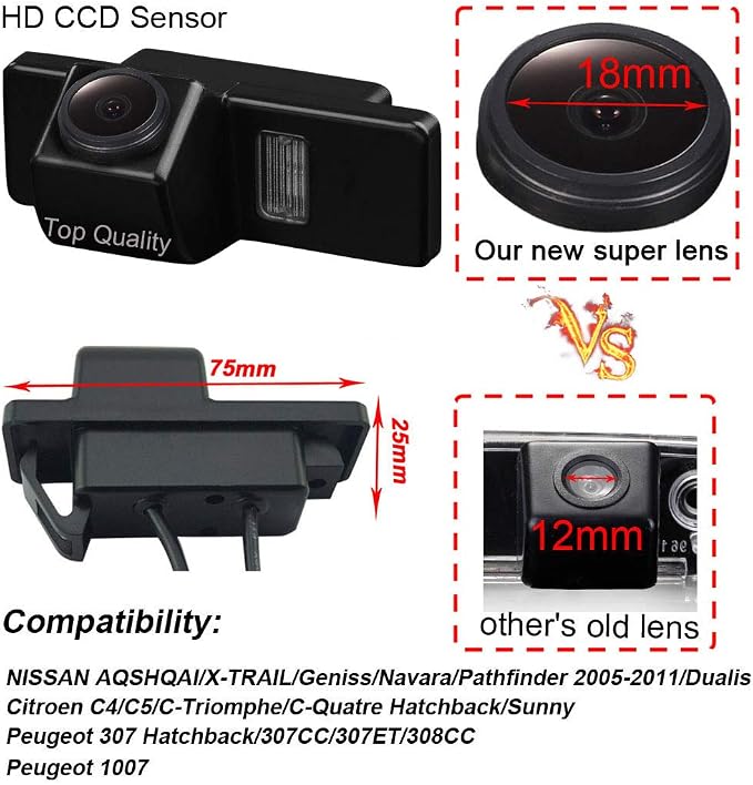 Super HD Vehicle Camera 1280x720 Pixels 1000 TV Lines 170 Wide Angle Night Vision Rear View Camera Reverse Parking for Nissan Qashqa X-Trail Geniss Navara Sunny Citroen C4 C5 Peugeot 307 308CC 1007