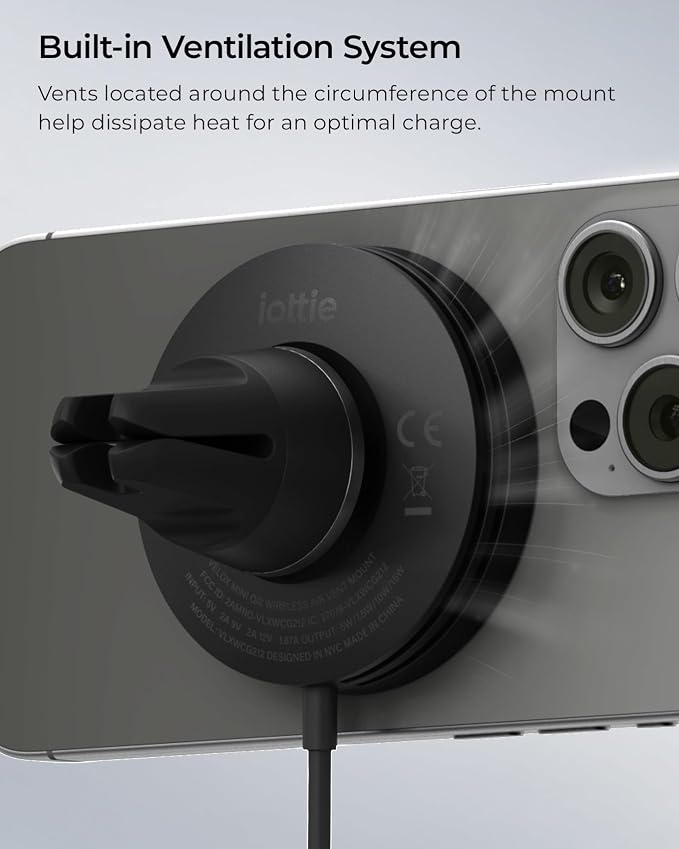 iOttie Velox Qi2 Mini Wireless Charging Car Mount - MagSafe Compatible Air Vent Phone Mount with 15W Charging for Qi2-enabled Smartphones Including iPhone 12,13,14,15,16 and 17. Car Charger Included.