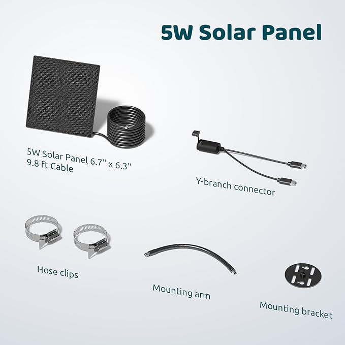 Birdfy 5W Solar Panel for Smart Bird Feeder Camera, Type-C Charger for Birdfy Feeder, 360° Adjustable Swivel Mount, IP65 Waterproof for Outdoors, 5W Continuously Power Supply (9.8ft Standard Cable)